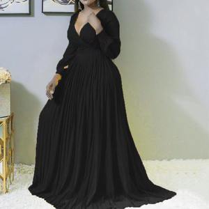 Robe longue en mousseline vintage taille empire pour femme, été <span class=keywords><strong>2022</strong></span>, col en V profond, jupe plissée devant, couleur unie, coupe évasée - Product Image 3