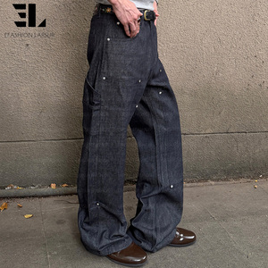 Pantalones de Carpintero LARSUR Personalizados de Fábrica, Premium, Lavado Pesado, Denim Selvedge, Doble Rodilla, Pierna Recta, Estilo Japonés, Jeans Salvage para Hombre - Product Image 3