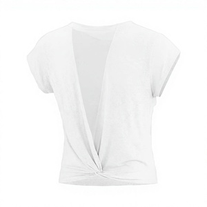 Camisetas de yoga cortas de secado rápido para mujer al por mayor, con espalda en V retorcida y malla transpirable, de manga corta, para pilates y gimnasio. - Product Image 4
