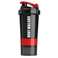 Bouteille shaker protéinée 500 ml 3 couches multicolores avec compartiment à poudre et pilulier, sans BPA, couvercle à clapet, logo personnalisé, cadeau idéal pour la gym