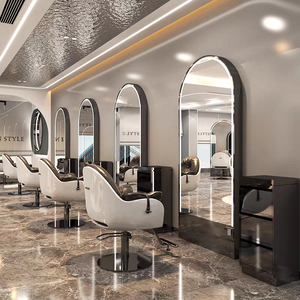 Ensemble de miroirs de salon sur pied en cuir doré, simple ou double face, <span class=keywords><strong>avec</strong></span> <span class=keywords><strong>éclairage</strong></span> LED, design moderne et épuré pour salons de coiffure - Product Image 4