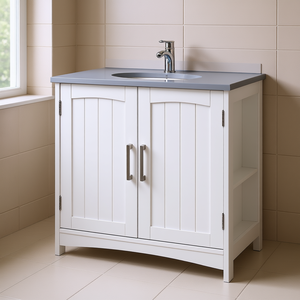 Meuble sous-évier moderne à double porte, blanc, pour salle de bain, 38-46 pouces, étagères réglables, sur pied, en MDF - Product Image 2