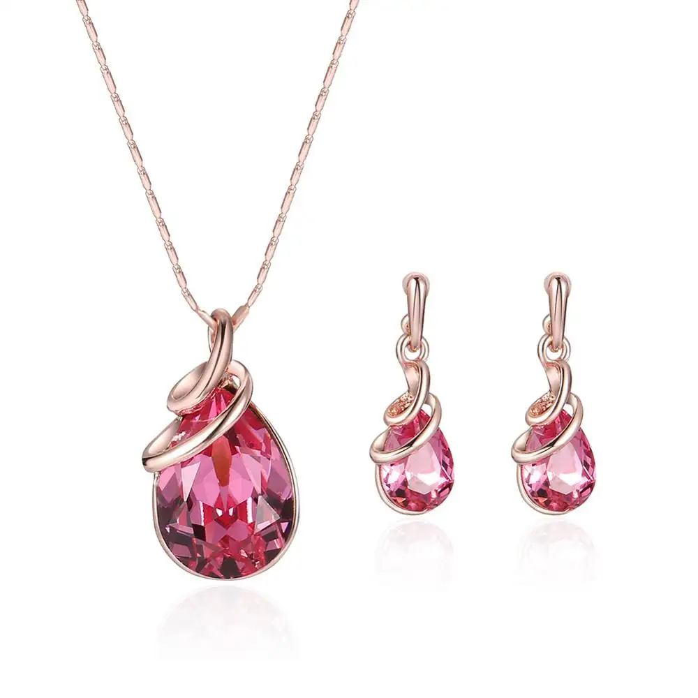 Fashion Rose Gold Plated Crystal Cubic Zircon Bridal Jewelry Sets Necklace Earring Crystal Drop Pendant Jewelry Set for Women
