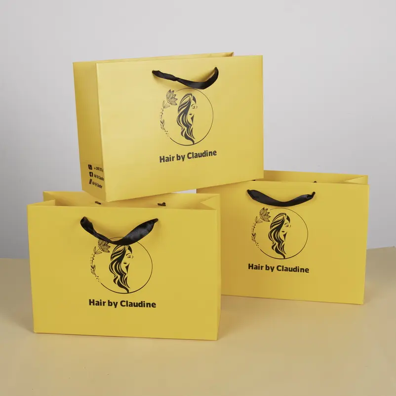 Изготовленные на заказ желтые бумажные пакеты для покупок, биоразлагаемые Цветочные винные подарочные пакеты, крафт-бумажные пакеты с логотипом, напечатанным на заказ для одежды