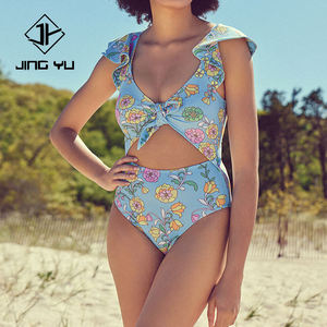 Traje de Baño de una Pieza con Estampado Playero, Diseño Calado, Volantes Anudados, Personalizado, Ecológico, de Nailon - Product Image 1