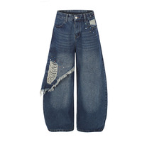 Nouveau style décontracté américain, pantalon en jean à chevrons délavé et effiloché, coupe large avec rivets uniques, longueur au sol