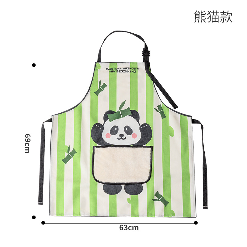 Wipeable hand apron with green stripes and panda design