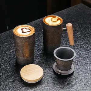 Tasse à café ou thé en grès, outil de bureau, rétro, en céramique, grande poignée bois, tasse avec infuseur et couvercle en bambou, 260ml, 2 pièces