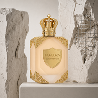 Flacon de parfum en verre octogonal multi-facettes personnalisé avec bouchon couronne orné de bijoux, ornement d'angle sculpté en or, logo OEM disponible