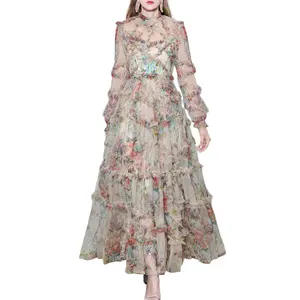 Vestidos High Quality Women Long Dress 2022 Spring Summer Wedding Party Ladies Charming Floral Print Long Sleeve Maxi Dress Gown