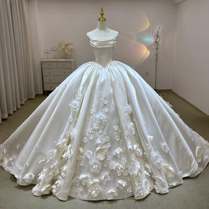 Vestido de Novia de Lujo en Satén, Largo hasta el Suelo, con Apliques Bordados, Estilo Vintage, Flores 3D, Cola de Capilla, Estilo Princesa, Lsjj43 - Product Image 1