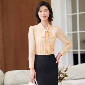 가을 신상 리본 장식 긴팔 셔츠 여성 레이크 블루 살구색 세로 스트라이프 전문직 화이트 셔츠 - Product Image 1
