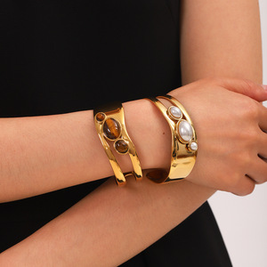 TD High Quality 18K Gold Plated Stainless Steel Open Cuff Bangle Tarnish Resistant Women's Fashion Statement Jewelry Wholesale - Product Image 4