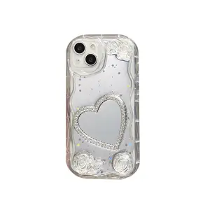 Mobile Phone Accessories White Rose Diamond Love Heart Mirror Phone Case for iPhone 11 12 13 14 15 Plus Pro Max