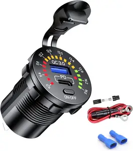 12V-24V Autolader Type-C Qc3.0 Dual Usb Socket Met Aan/Uit Schakelaar Controle En Ring Led Voltmeter Kabel Voor Motorfiets Marine