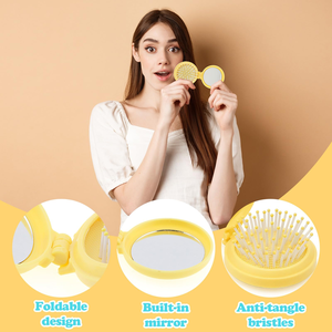 Cute Folding air Cushion Hair Brush with Compact Mirror, DIY Girls Scalp Massage Comb for Travel, Custom logo Promotional <b>Gift</b> - Product Image 3