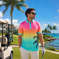 Chemises de golf personnalisées Miami Coastal Golf Resort, vêtements de golf pour les vacances, impression numérique, ambiance coucher de soleil néon, style South Beach.