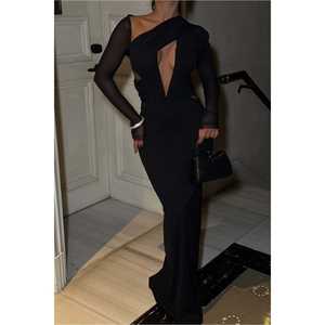 Robe de soirée de luxe noire Arya, col en V, en polyester, coupe fourreau, ornée de perles, de sequins et d'appliques florales en dentelle, style vintage pour soirée - Product Image 5