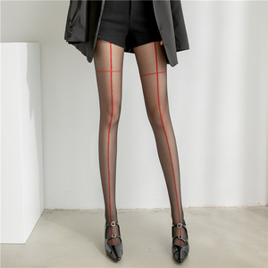 Pantimedias ultra transparentes y sexys con línea roja cruzada para mujer, medias góticas con costura trasera negra, pantimedias de imitación de alta elasticidad, muy atractivas. - Product Image 1