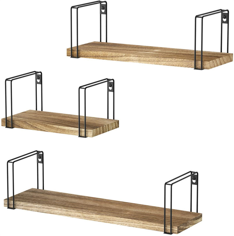 Shelves Set of 3 Floating Wall Mount Rustic Wood Metal Decorative Wall Storage Shelf For Home
