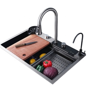 Évier de <span class=keywords><strong>cuisine</strong></span> intelligent à <span class=keywords><strong>cuve</strong></span> unique en acier inoxydable avec affichage de la température, gris foncé, design cascade à touches de piano nano, robinet inclus - Product Image 1