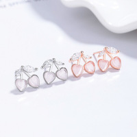 925 Sterling Zilver Kersen Stud Oorbellen Kattenoog Steen Kawaii Sprankelend Schattig voor Vrouwen