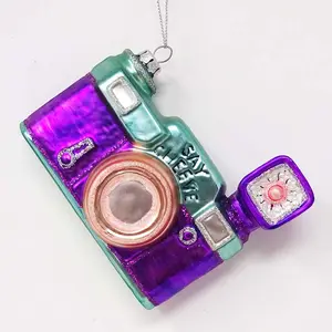Wholesale customizable glass christmas ornaments glass purple camera pendant