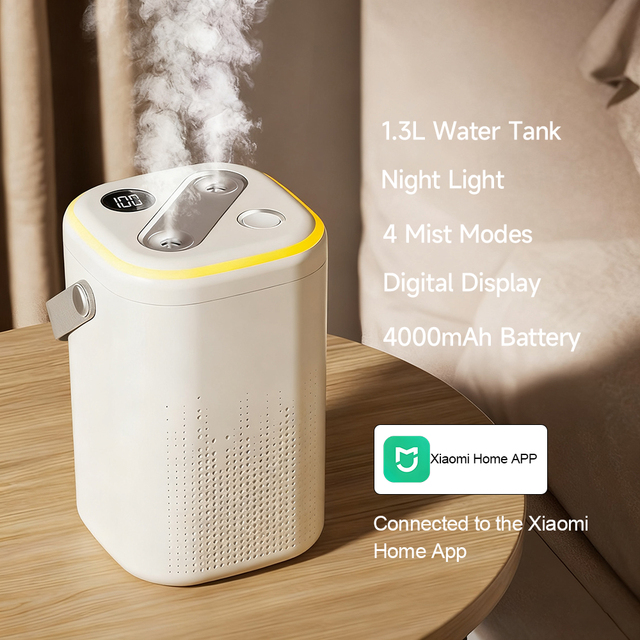 New 1.3L Capacity Diffuser Night Light Smart APP Controlled Battery Powered Mini Mist Ultrasonic Humidifier with Digital Display