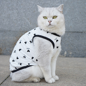 Summer Pure Cotton <b>Cat</b> Vest Sleeveless Anti-Shedding Pet <b>Clothes</b> <b>For</b> <b>Cats</b> Summer Wear White With Black Hearts Pattern - Product Image 1