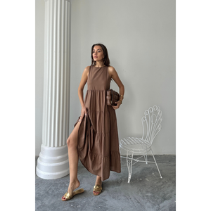 Sleeveless Long <b>Linen</b> <b>Dress</b> Brown <b>Maxi</b> Tiered Back Zip S Size - Product Image 4