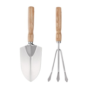 BuyTuy Ensemble d'outils de jardinage, pelle et râteau en acier inoxydable, manche en bois, résistant à la rouille, pour l'aménagement paysager et la plantation - Product Image 4