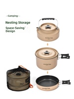 Ensemble de cuisine de camping empilable et emboîtable, kit portable de casseroles, bouilloires et poêles pour l'extérieur avec sac de rangement en filet pour le camping, la randonnée et les pique-niques