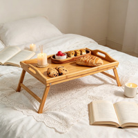 Plateau de lit pliable en bambou avec pieds, portable, pour servir les repas et les collations, idéal pour manger et travailler - Assiettes incluses