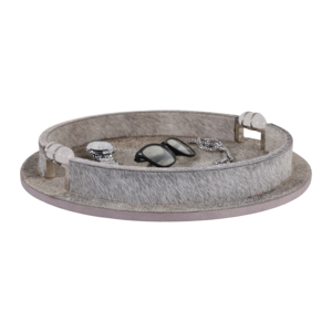 Vassoio decorativo rotondo in similpelle grigia con motivo a pelle di mucca e manici per decorare il tavolino da caffè - Product Image 2