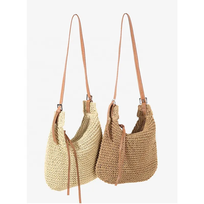 Sac en paille fait main pour femmes sacs à main tissés naturels sacs à bandoulière poignées en cuir réutilisables bagravel