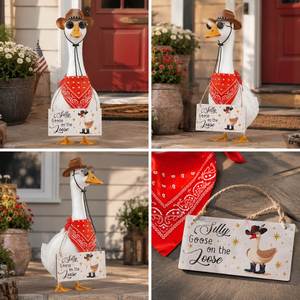 Décoration de jardin extérieure amusante : Plaque suspendue en forme de canard cowboy avec bandana rouge et chapeau marron - Product Image 5