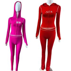 Fabricants de vêtements sur mesure, ensembles de survêtements respirants à capuche pour femmes, veste et pantalon de survêtement évasé en nylon, ensemble deux pièces, Ropa De Mujer - Product Image 3