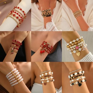 Popular European and American multi-layered red beaded heart CCB beaded <b>bracelet</b>, a fashionable and versatile 5-piece <b>set</b> for - Product Image 1