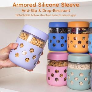 Classic Style Glass Oatmeal Cup with <b>Insulated</b> Silicone Sleeve Airtight Storage Jar for Portable Milk Yogurt Kitchen Essential - Product Image 2