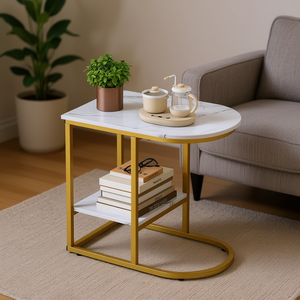 Modern Faux Marble <b>Side</b> <b>Table</b> With Storage Shelf <b>For</b> Living Room Furniture White Metal Frame - Product Image 2