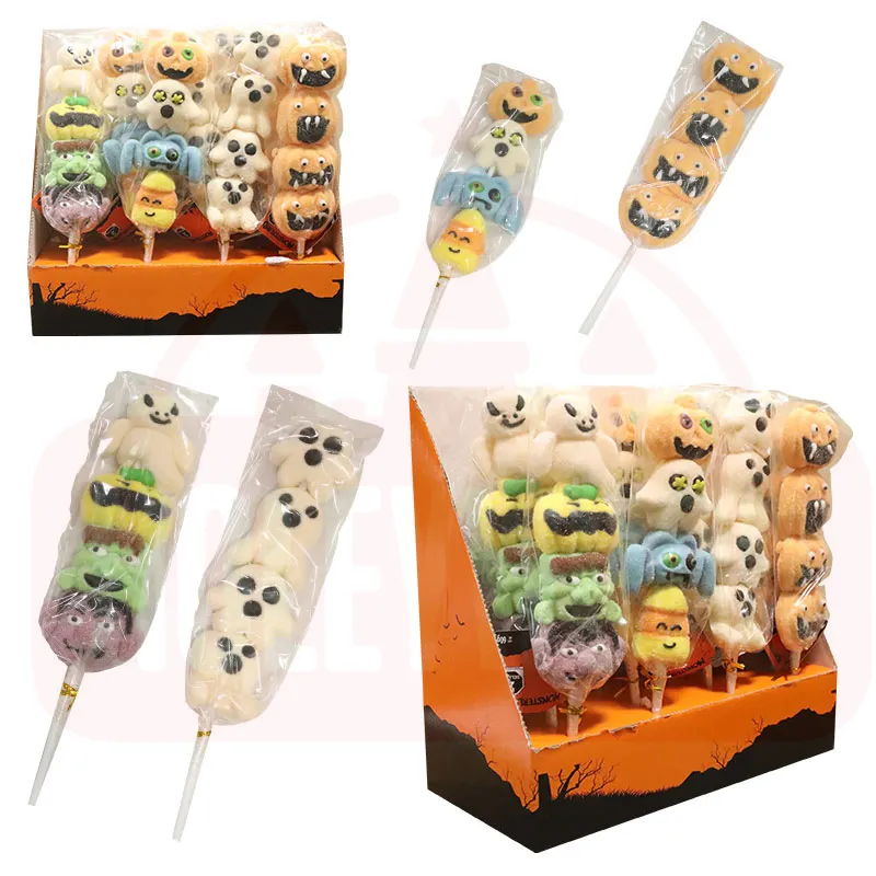Holeywood 3D Halloween Marshmallow Doll with String Multi-Colored Mixed Fruit Flavor Lollipop Halal Candy Made with Sugar