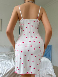 Camisón Sexy de Verano para Mujer con Encaje, Lazo y Estampado de Corazones, Sin Mangas, Transpirable y Elegante, Largo hasta la Rodilla - Product Image 5