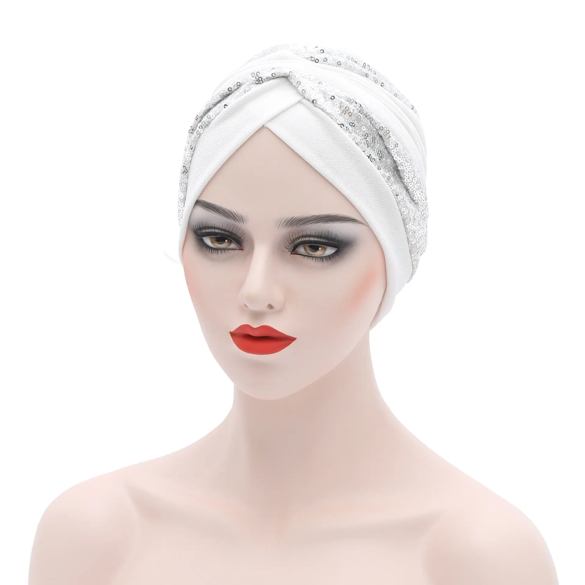 Latest Shinning Sequins African hat Baotou Indian cap best selling plain polyester sequin women turban