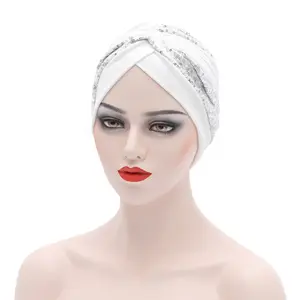 Son Shinning Sequins afrika şapka Baotou hint kap en çok satan düz polyester pullu kadınlar türban