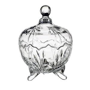 Pot à bonbons en verre à trois pieds en cristal rond, boîte à bijoux en verre, boîte à sucre avec pieds, motifs de raisin, de tulipe et de lys, bol à chocolat avec couvercle - Product Image 2