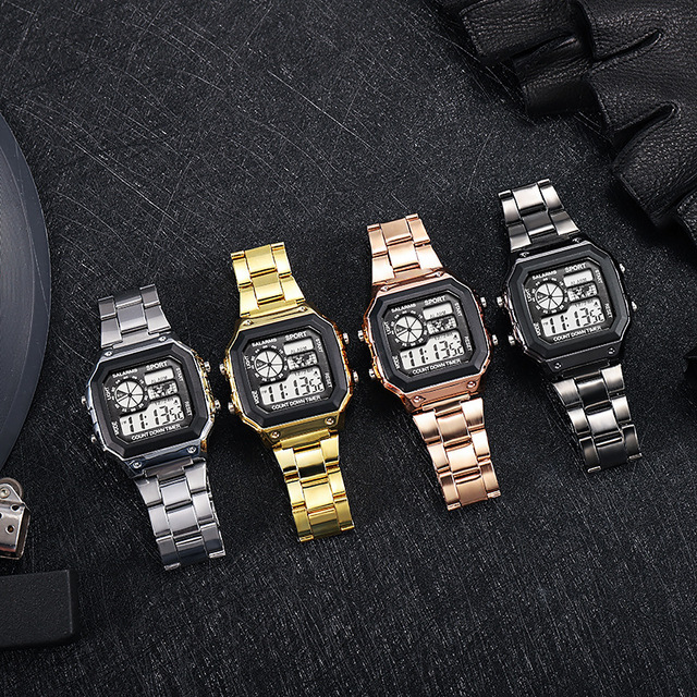 Square Stainless Steel Digital LED Watch Male Student Female Multi-Functional Watch
