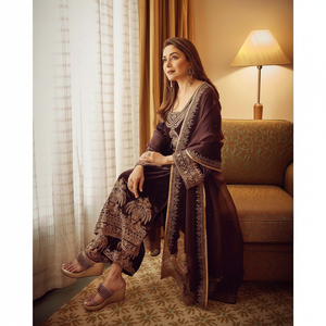 Conjuntos Marrones Modernos para Mujer SSR con Top, Pantalón y Dupatta con Bordado de Lentejuelas, Talla L - Product Image 1