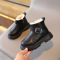 Bottes courtes d'hiver en peluche pour enfants, style britannique, bottes tendance pour garçons, bottes chaudes en coton à semelle souple pour filles, avec boucle
