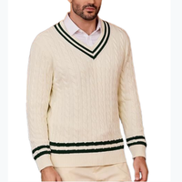 Pull en maille torsadée en coton pur pour homme, col en V, style preppy universitaire, manches longues