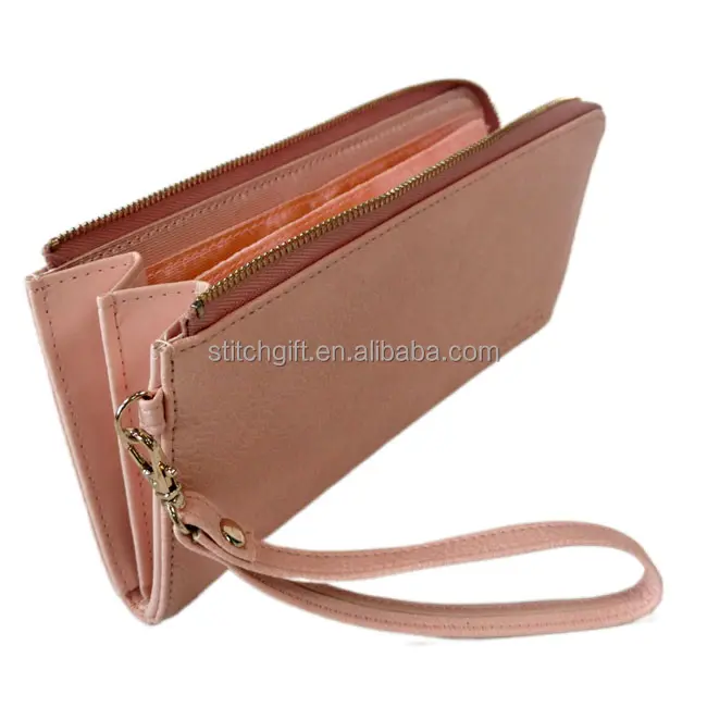 PU Leather zipper long wallet with wrist strap leather clutch wallet card wallet